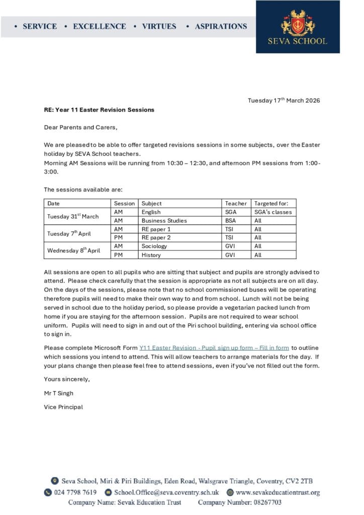Easter Revision Letter - Seva School
